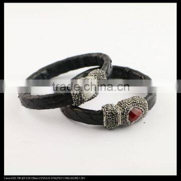 LFD-B0034 Black Color Snake Leather Paved Rhinestone Stone Magnetic Clasp Snakeskin Bangles , Cuff Bangle Bracelet