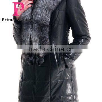 2015 Winter Medium Length Women Leather Jacket With Brown Fox Hat Overcoat photo-5