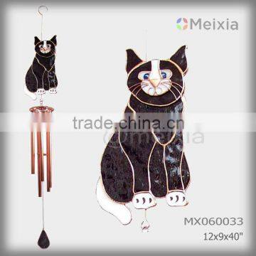 MX060033 wholesale wind chime with tiffany style stained glass cat craft decoration top and metal wind chime pipe