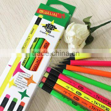 Standard size round shape black wood neon color body HB pencil sharpened with eraser