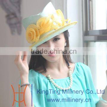 Summer Ladies Green Straw Hats With Sinamay Yellow Flowers