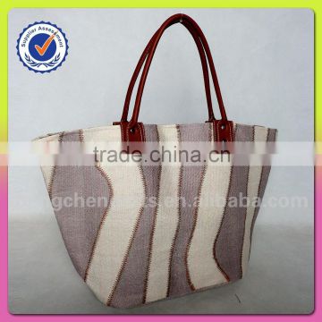 paper straw and polyester material trapezoid large shopping bag irregular vertical stripes women handbags