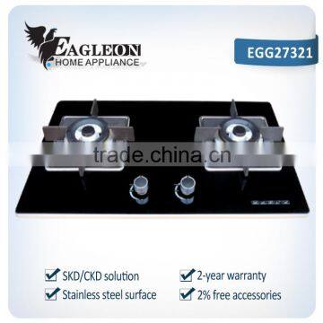 EGG27321 73cm Vietnam temper glass built-in 2 burner gas stove/ gas cooker/ gas hobs, double brass burners, copper gas pipe