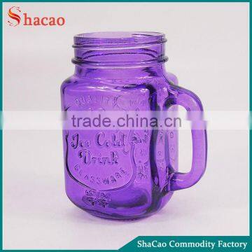 450ML Beverage Embossed Colorful Glass Mason Jar With Handle