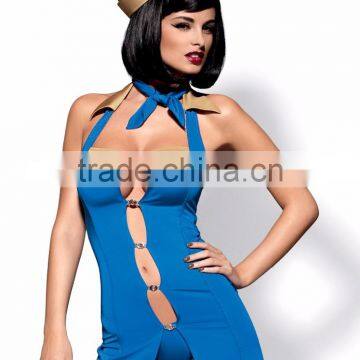 Sexy lingerie -Stewardess costume: dress, thong, cap, scarf - blue