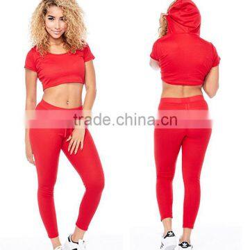 Plain Track Suit Wholesale Womens Red Ribbed Solid Hoodie Crop Top Leggings Set 2 Piece Casual Wear Latest Design Tracksuit