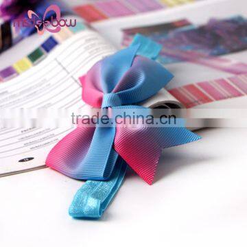 Custom Printed Kids Blue Pink Stretch Grosgrain Bow Headbands for Baby Girls photo-2