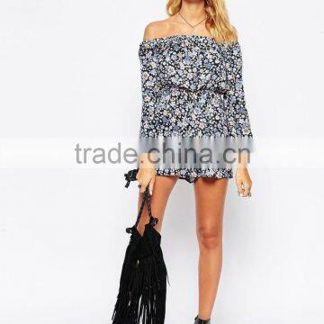 2015 fashionable hot sale OEM customized Off Shoulder Romper with Flutter Sleeves in Pretty Floral Print