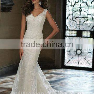 white off shoulder full lace v neck closed back mermaid bridal wedding dress