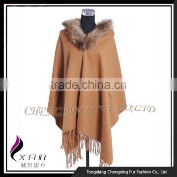 CX-B-P-43K Lady Fashion Raccoon Fur Trim Cashmere Poncho/ New Design Pashmina Shawl photo-5