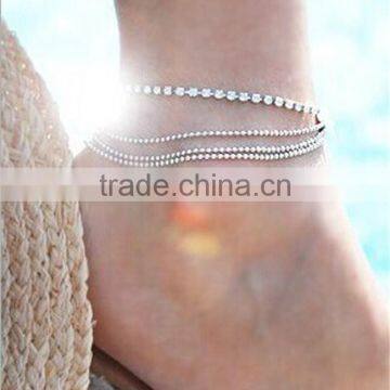 Silver Tone Copper Beaded Multi Layered Rhinestone Crystal Simple Anklet Foot Chain