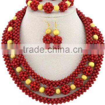 Gold-Plated 3Rows Red Ball Coral Beads Jewelry Nigerian Necklace Set