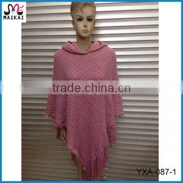 Women's custom design knit acrylic hooded mexican poncho