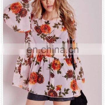 New Style Women Oversized Pink Floral Printed Sexy Chiffon Blouse photo-4