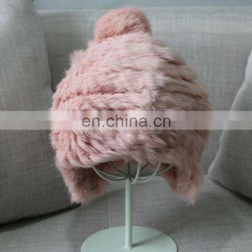 Girl cute rabbit fur earflap winter hats thicker weaven fur hats wholesale