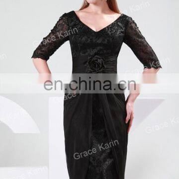2015 Grace Karin Knee-Length Lace Mother of Bride Dress With Middle Sleeve Women's Black and Red V-Neck CL4363-2# photo-4