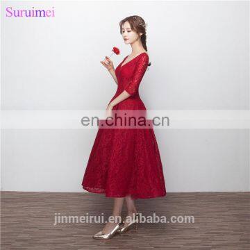 Wine Red Bridesmaid Dresses With Half Sleeves V Neck Corset Lace Up Tea Length Brides Maid Dress Vestidos De photo-3