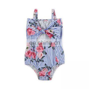 New arrival Baby Girls Blue Stripe Floral Bowknot Swimsuit Summer Bikini