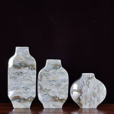 Marble Applique Countryside Style Flat Grey Gold Ceramic Vase For Coffee Shop Decor photo-4