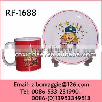 U Shape Ceramic Milk Mug with Cake Plate with Cartoon Design for Kid's Breakfast Set Daily Use