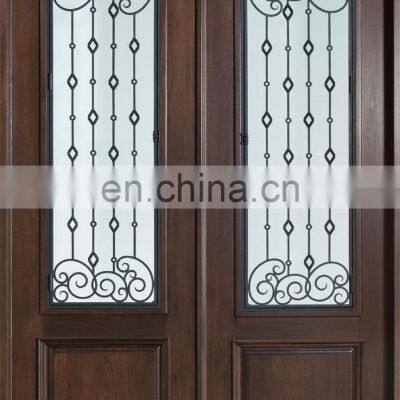 Luxury Bronze Double Wood Wrought Iron Entry Doors With Frosted Glass
