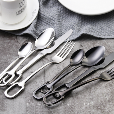 Set of 4 Pieces Black Colored Silver Stainless Steel Knife Fork Spoon Quality Tableware Cutlery Set With Hook Handle