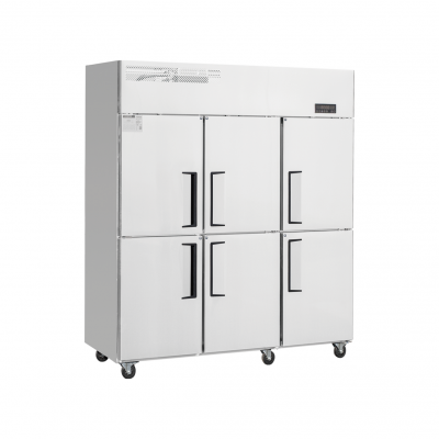 Refrigerador o congelador vertical de tres/seis puertas con enfriamiento por aire. Refrigerador vertical de acero inoxidable. Refrigerador y congelador comercial para restaurantes