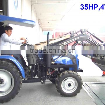 35HP mini orchard tractor with front loader 4in1 bucket and backhoe,4cylinders,8F+2R shift,with Cabin,heater,fan,fork,blade