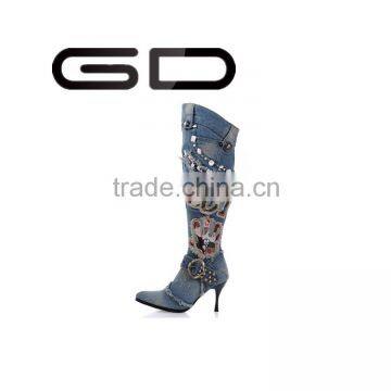 Special jean upper material rhinestone decoration over the knee boots women