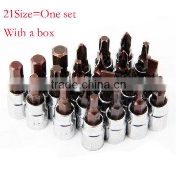 21size=One set 1/4 Inch Socket Head Screwdriver Bits Soltted Phillips Hex Screwdriver Bit Hardware Tools with Box AR-32