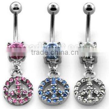 belly jewellery with cz and dangling crystal peace sign