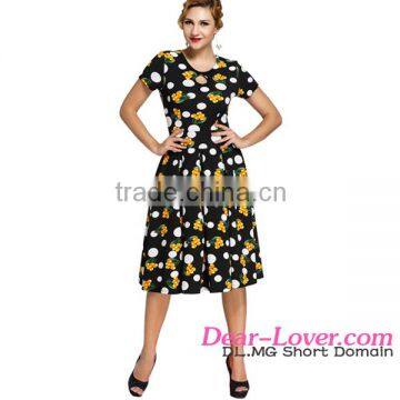 Dot Floral Print Keyhole Vintage Swing latest design muslim dress