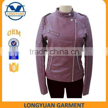 Wine red fashionable wholesale stylish slim style pu leather jacket for woman 2016