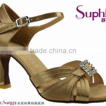 Suphini Tan Satin Line Dance Shoes Latin