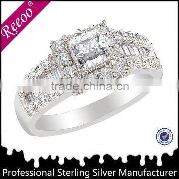 925 Silver CZ Emerald Cut Engagement Ring Baguette Side Stones