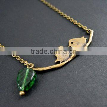 18inch 10x30mm vintage bird on branch Czech glass green leaf beads bronze antique chic necklace 6350325