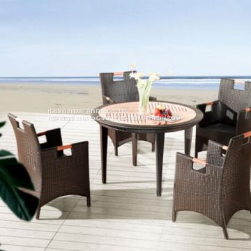 Outdoor Furniture Table And Chair Teak Wood Arm Rest PE Rattan Wicker Powder Coating Aluminum Frame Waterproof Fabric