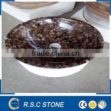 Dark brown emperador marble vessel sink with mosaic