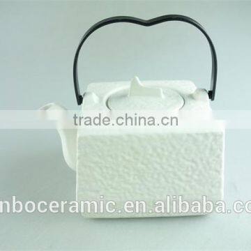 stocklot cheap white porcelain big capacity square shape teapot iron handle