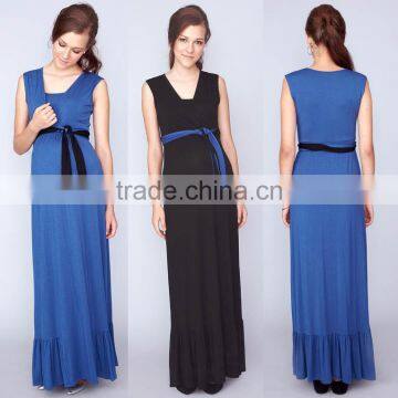 korean maternity fashion Royal Blue Nursing Ruffle Hem Maxi Dress pregnancy dress