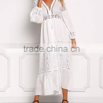 Off White Lace Trim Button Down Maxi Dress Long Frock Design HSd5221 photo-3