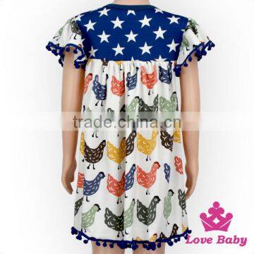 Korean Style Online Chicken Pattern Printed Flutter Sleeve Hairboll Baby Girls New Model Casual Kids Summer Dress