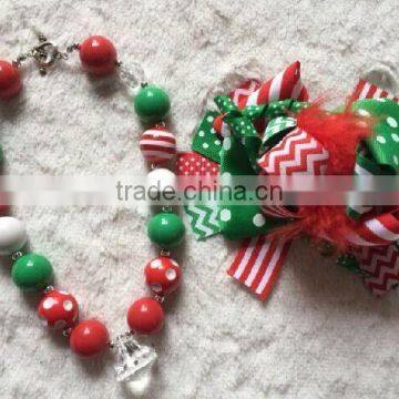 chirstmas headband and 6inch feather bow set kids chunky holiday necklace