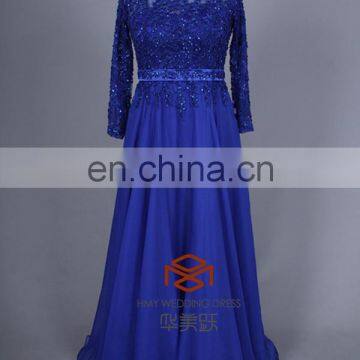 Lace Embroidered Royal Blue Long Sleeves Maxi Evening Dress For Fat Women HMY-CDA041 Ladies Long Evening Party Wear Gown