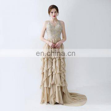 Custom Made V-line Chiffon Criss Cross Straps Sweep Train Sleeveless Zipper Cascading Ruffles Backless Women Prom Dress