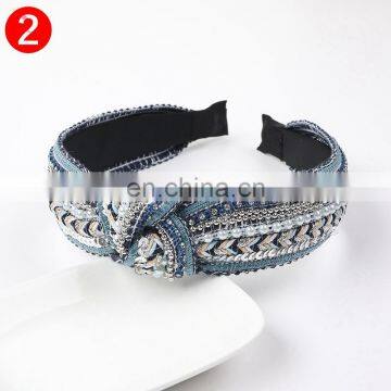 Beaded Knot Head Bands Women's Hair Accessories Fashion Hairbands Blue Gold Rhinestone