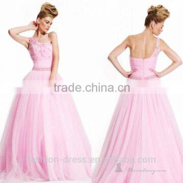 Beautiful One Shoulder Beaded Waist Sequins Pink Princess Evening Dress