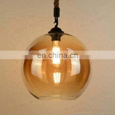 Loft Vintage Amber Glass Pendant Light E27 Hemp Rope Cable Lamp Fixture