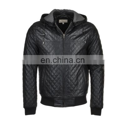 Men beautiful design black color leather jacket with hood winter jackets