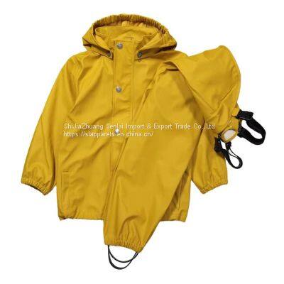 Custom Wholesale Outdoor Waterproof Jacket Bib Overall Yellow PU Raincoat Rain Suit for Kids & Toddler photo-4